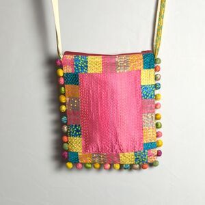 Handmade Silk Patchwork Crossbody Bag - Colorful Hippie Purse - Pom Pom Trim